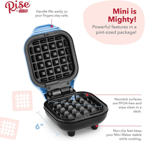Rise by DASH Mini Waffle Maker, Non-Stick Surface Cooks 4 Inch Waffles in Minutes (Blue)