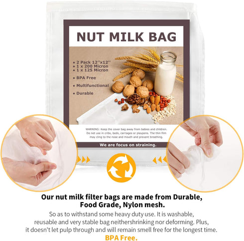 SCENGCLOS Nut Milk Bags, 12"x12", 2 Pack, Reusable Nylon Food Strainer for Almond Milk, Juice, Tea, Cold Brew Coffee
