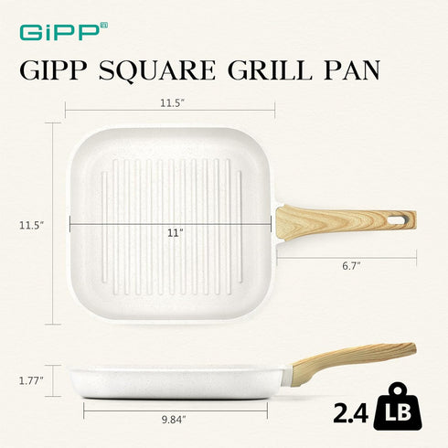GiPP Nonstick Grill Pan for Stove Tops, 11 Inch Square Grilling Pan for Indoor and Outdoor Cooking, PFOA Free