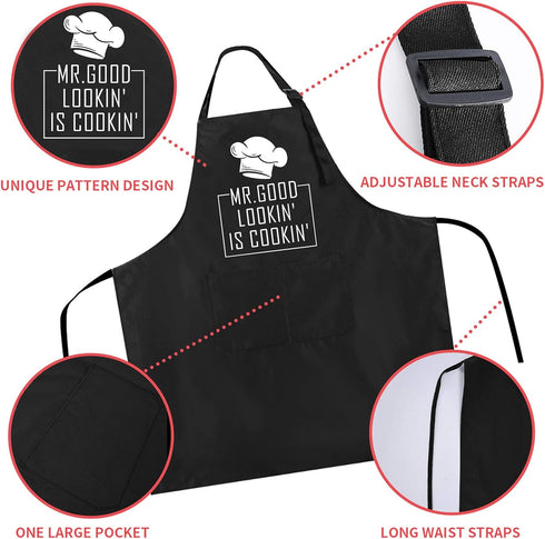 Rosoz Funny BBQ Black Chef Aprons for Men, Adjustable Kitchen Cooking Aprons with Pocket