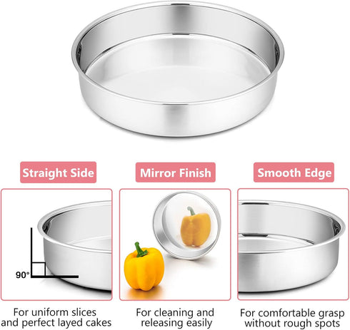 P&P CHEF Cake Pan Set of 3, 4" + 6" + 8" Round Baking Layer Pans, Stainless Steel Bakeware for Birthday