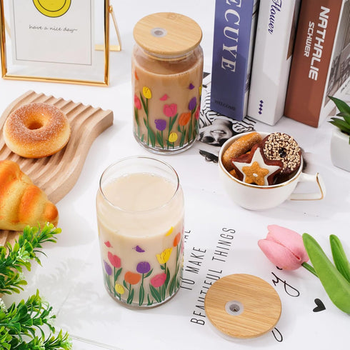 Whaline 2 Pack Spring Iced Coffee Cup, Colorful Tulip Flower Glasses with Lid, Straw, Cleaning Brush for Home Gifts