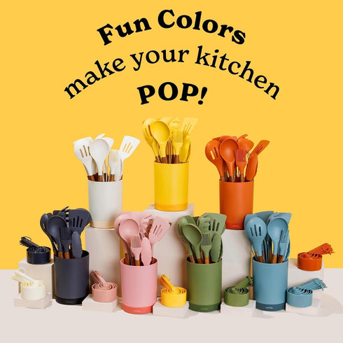 Silicone Kitchen Utensils Set & Holder, Cooking Essentials for New Home, Grey