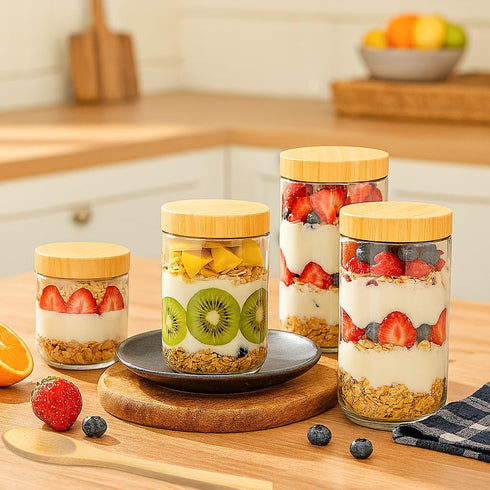 12 Pack 16oz TBWIND Glass Jars with Bamboo Lids, Spoons, Airtight Overnight Oats Containers, Salad& Yogurt Storage