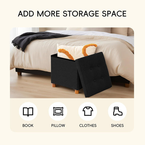 15" 15" 15"Black PINPLUS Storage Ottoman Cube, White Linen Footrest with Wooden Legs, Foldable Fabric Footrest