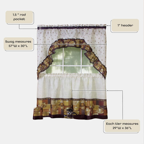 Achim Home Furnishings CFTS36BW12 Coffee Tier and Swag Window Treatment Set, 57" x 36", Brown