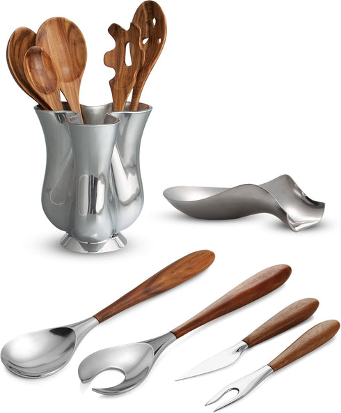 nambe Curvo Serving Fork, 13 Inch Stainless Steel and Acacia Wood, Designed by Steve Cozzolino