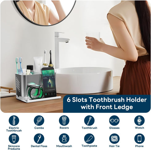 Countertop 6 Bathroom Organizer with Front Ledge for Phone, Detachable Kids Toothbrush Holders with Cord Slots and Ring