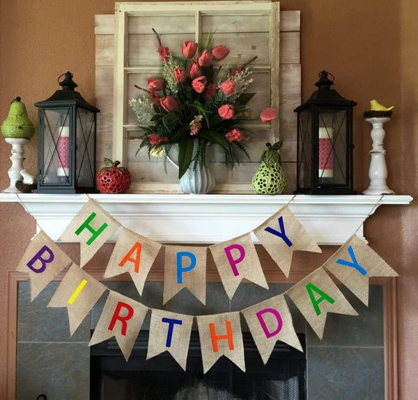 Happy Birthday Burlap Banner, Colorful Bunting Garland Flags for Rustic Party Decorations