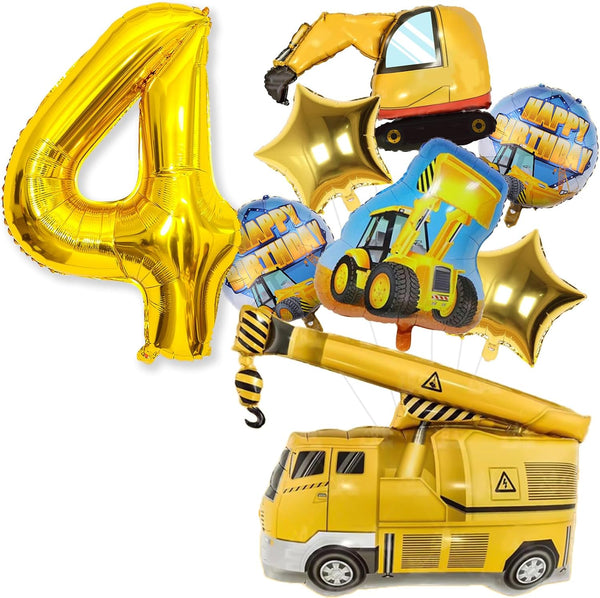 Teslite Construction Balloons 4th Birthday, 9Pcs 40 Inch Gold Number 4 Balloons with