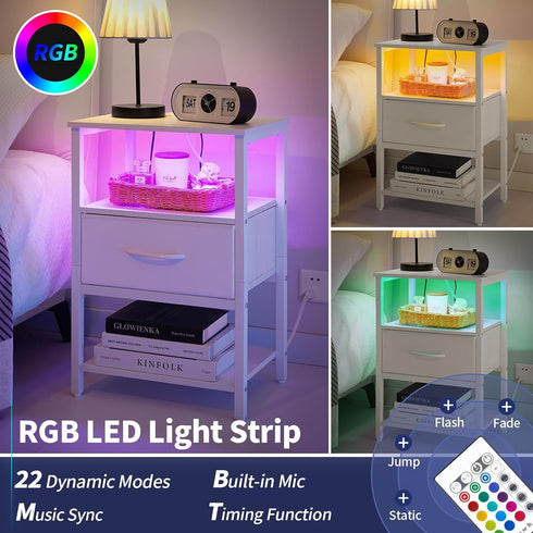 3-Tier Yoobure White Night Stand with Charging Station, LED Nightstand for Bedroom, Bedside Tables with Adjustable
