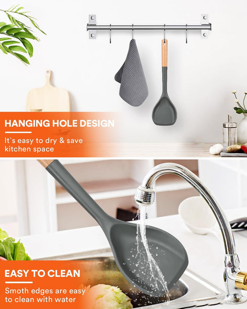 Nonstick Silicone Spatula, Flexible Edge for Pans, Heat Resistant BPA-Free Kitchen Spatulas with Wooden Handle (Grey)
