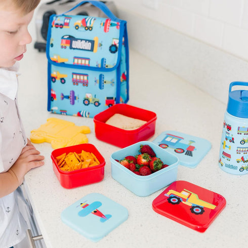 Set 3 Wildkin Nesting Food Containers for Kids Stackable, Airtight & Dishwasher Safe - of - Trains, Planes & Trucks