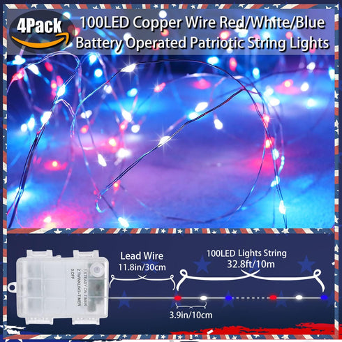 4th Lights,4PACK 400Led IP67 Yayfazy of July Decorations Outdoor/Indoor Timer Fairy String Copper Wire Red/White/Blue