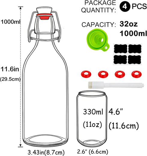 4 Pack 32 oz,Flip 32 oz Juices,Soda,Beverages,2nd Swing Top Glass Bottles Top Glass Bottles with Airtight Lids for Home