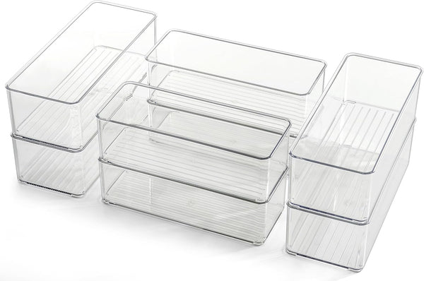 Hudgan 8 Pack Clear Plastic Drawer Organizers Set, Stackable Deep Organizer for Makeup Vanity and Desk, 2 Sizes