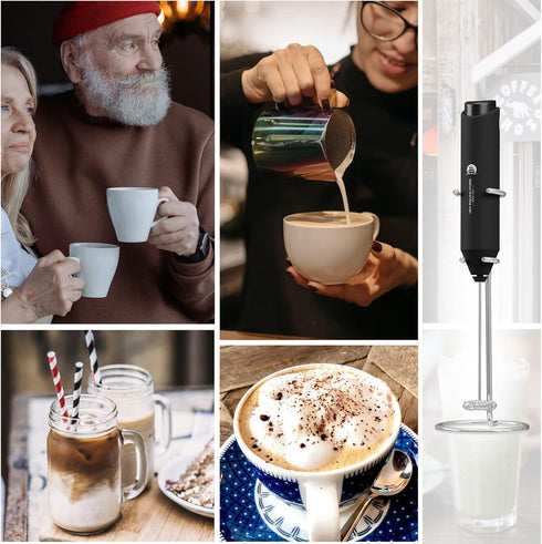 Powerful Handheld Milk Frother, Mini Whisk Drink Mixer for Coffee, Cappuccino, Latte, with Stand (Black)