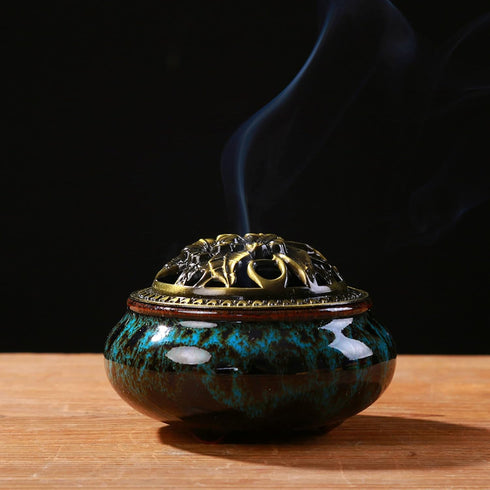Ceramic Incense Burner with Stick Holder + Insulation for Stick or Coil Incense, Sage Cones, Frankincense (Fambe Blue)