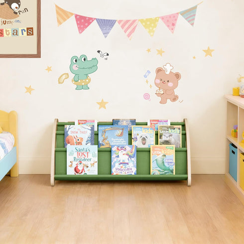 4-Tier 28.7 15.7 13.6Natural/Green Kids Bookshelf - Montessori Book Shelf for Kids Rooms, Easy Installation