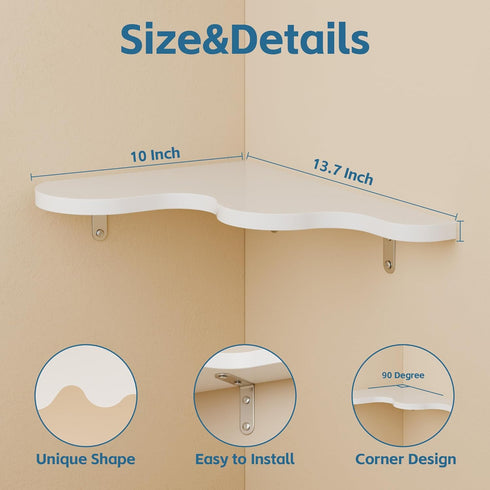 Set 2 90-Degree Cute Cloud Corner Shelves - of White Wooden Floating Corner Shelves Wall Mounted, Space-Saving Nursery