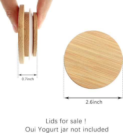 8 Pack 5 Oz Oui Yogurt Jar Lids - Oui Lids-Natural Bamboo Wood with Silicone Sealing Rings and Oui Yogurt Bottle Label