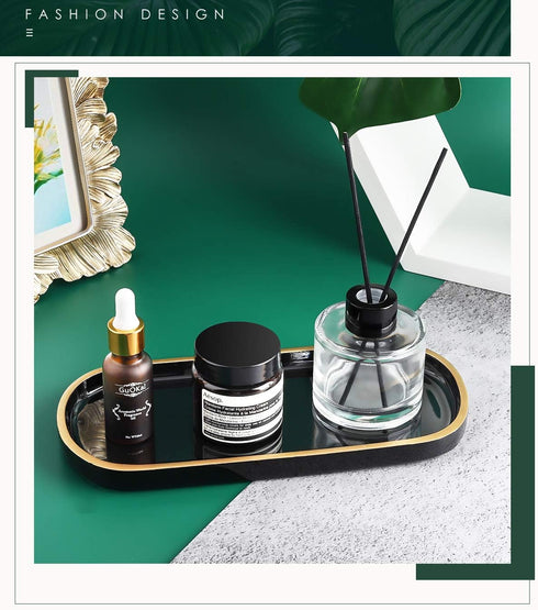 Jewelry Organizer Tray, Oval Resin Dish for Bathroom Kitchen Dresser, Ring Holder Cosmetic Organizer - Black & Gold