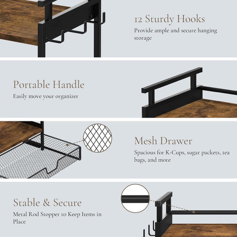 3 Countertop, 12 Coffee Bar Organizer, Tier Coffee Station Organizer for Mug Cup Holder Stand with Hooks, with K Cup