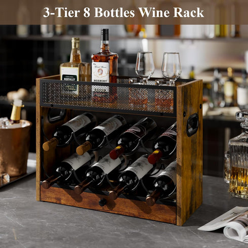 MYFEST 3-Tier Countertop Counters, 18 Wine Rack, Coffee Syrup Rack Organizer With Drawer for Coffee Bar, Tabletop
