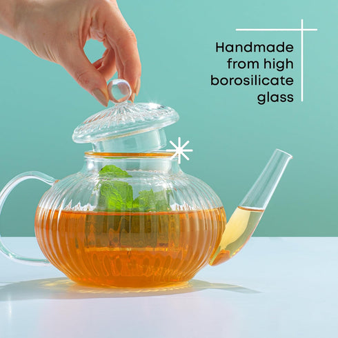 JoyJolt 33.8oz Fluted Glass Teapot Set with 13.5oz Double Wall Glasses, Stovetop Safe Kettle, Borosilicate Clear Tea