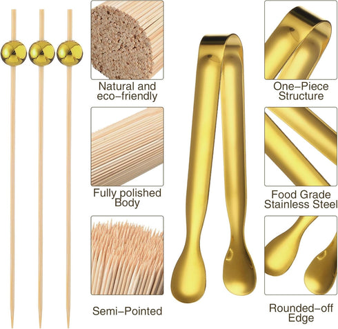 Mini Forks Cocktail Toothpicks Set for Wedding Party, Includes Tongs, Disposable Appetizer Forks, Gold, 184 Pcs