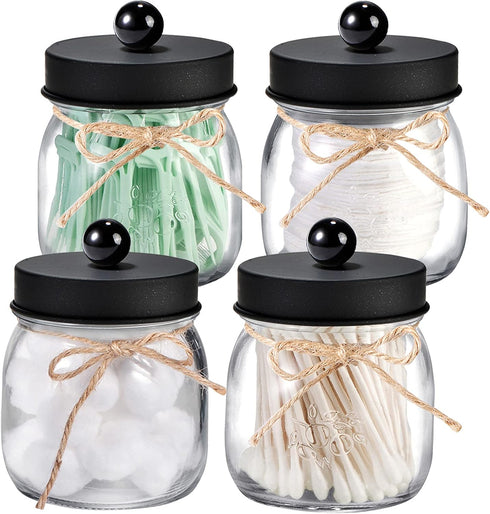 SheeChung 4 Pack Apothecary Jars with Lids, Bathroom Organizers and Storage, Small Mason Jars for Q-tips, Cottons,