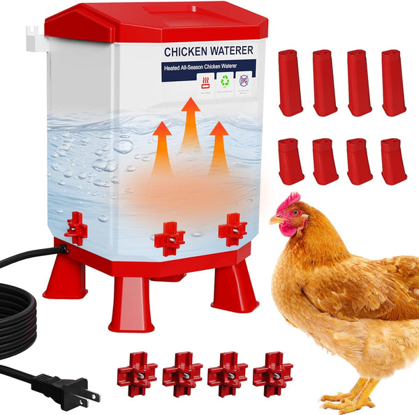 Ganggend Heated Chicken Waterer, 2 Gallon Thermostatic Poultry Drinker with 4 Nipples, Outdoor