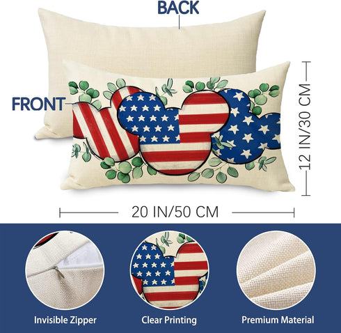 4th of July Cartoon Mouse Patriotic Lumbar Decorative Throw Pillow Cover 12 x 20, Rectangular America USA Eucalyptus Leaves Outdoor Home Decor, American Stars Stripes Couch Cushion Case by Fjfz