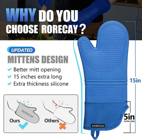 Rorecay Extra Long Oven Mitts and Pot Holders Sets: Heat Resistant Silicone Oven Mittens with Mini Oven Gloves Hot Pads Potholders for Kitchen Baking Cooking, Quilted Liner, Pack of 6 (Lake Blue) by rorecay