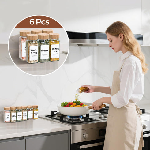 4 oz 6Pcs Set, ComSaf Glass Spice Jars with Label, Empty Spice Containers with Bamboo Lids, Square Seasoning Containers