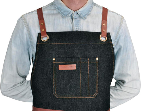 Professional Black Denim Apron with Pockets, Cooking Chef Kitchen Grill BBQ Hairstylist Apron with Leather Straps
