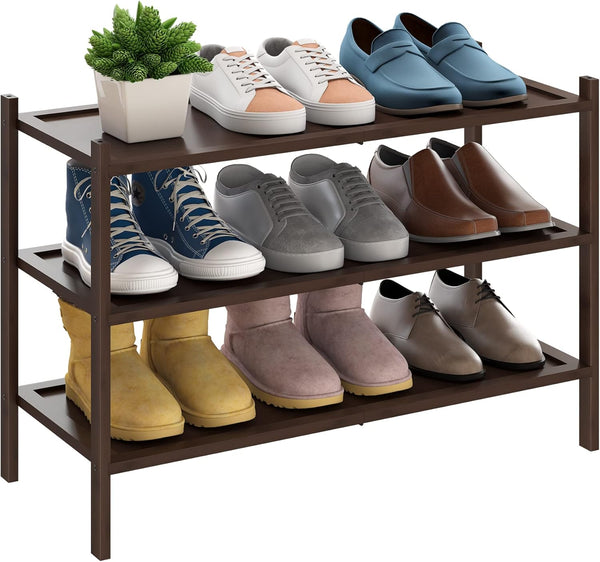 BMOSU 3-Tier Bamboo Shoe Rack Premium Stackable Shoe Shelf Storage Organizer for