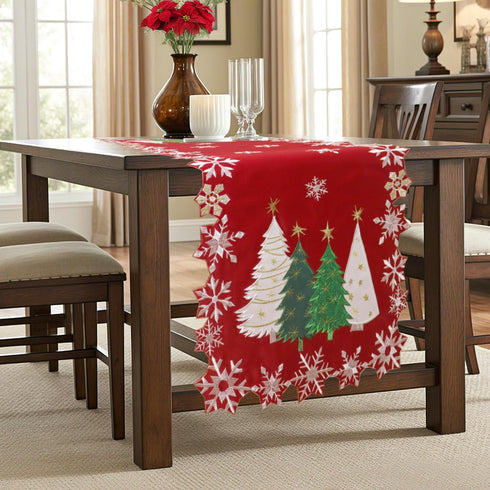 36 inches Christmas Tree Table Runner Embroidered Xmas Red White Snowflakes Runners Snow Decorations Long Coutout