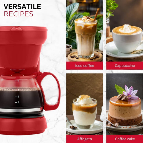 Holstein Housewares 5 Cup Drip Coffee Maker, User Friendly with Permanent Filter, Borosilicate Glass Carafe, Red