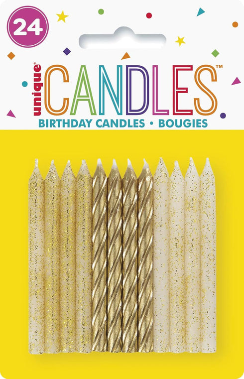 Dazzling Glitter & Gold Spiral Birthday Candles, 24ct Assorted Pack, Premium Quality, Long-Lasting Design