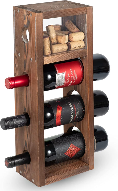 Rustic State Sonoma Countertop Wood Vertical Wine Rack, Freestanding Tabletop Holder for 3 Bottles, Burnt Brown