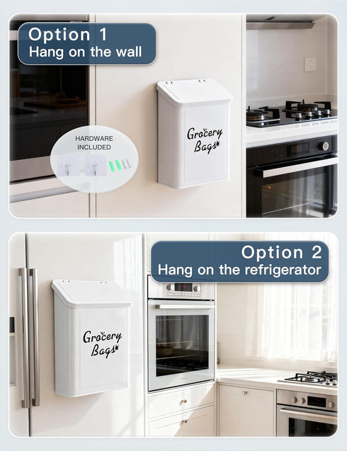 50pcs Metal White Magnetic Grocery Bags Holder, Farmhouse Wall Mount Plastic Bag Holder with Shopping Bags, Trash Bag