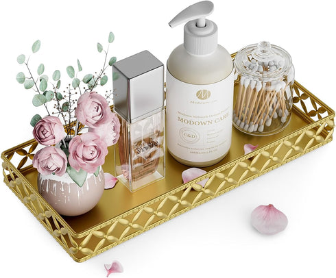 11 Inch Gold Bathroom Vanity Tray, Small Decorative Countertop Organizer for Perfume, Makeup, Cosmetic Jewelry