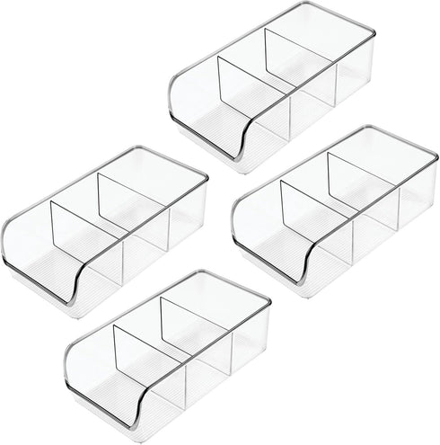 mDesign 4 Pack Plastic Food Storage Bin Organizer with 3 Compartments for Kitchen, Pantry, Shelf, Drawer, Fridge,