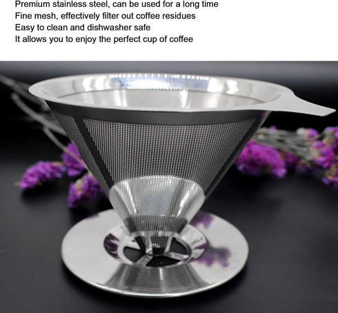 Pour over Coffee Maker, Stainless Steel Dripper with Non-slip Cup Stand, Suitable for Camping Kitchen Families