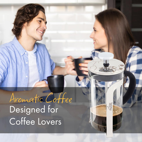 Any Morning 11 oz French Press Coffee and Tea Maker, Silver with Triple Stainless Steel Filters & Borosilicate Glass