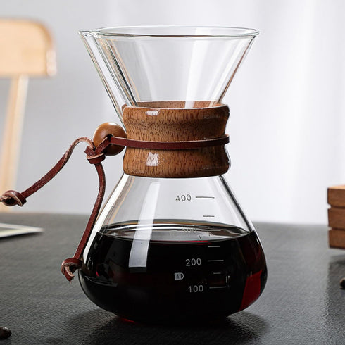 TOPINCN Double Layer Filter V Spout Wooden Sleeve Pour Over Coffee Maker 400ml Capacity, Clear Scale Glass Material