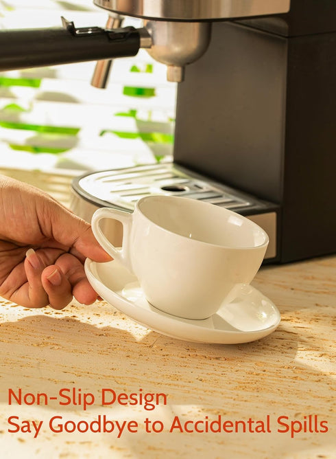 Sweese 6 Ounce Cappuccino Cups with Saucers, Porcelain Double Espresso Cups Set of 6