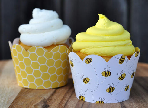 Honey Bee Cupcake Wrappers, Set of 24 Scalloped Cup Cake Holder Wraps for Parties, Yellow Black