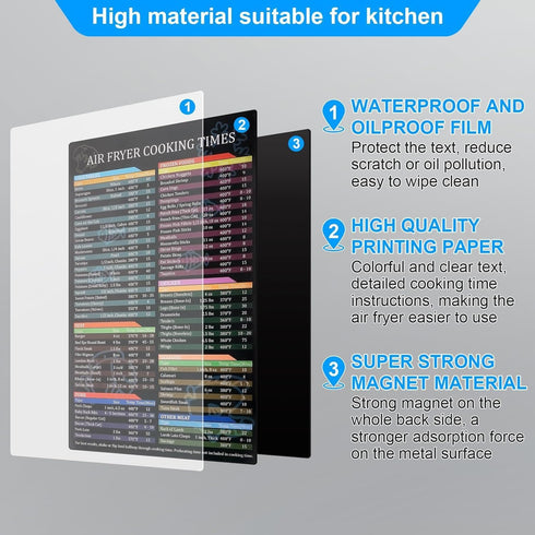 Air Fryer Cheat Sheet Magnetic Cooking Times Chart, Recipe Card, Meat Temp Guide for Airfryer Oven Cooking